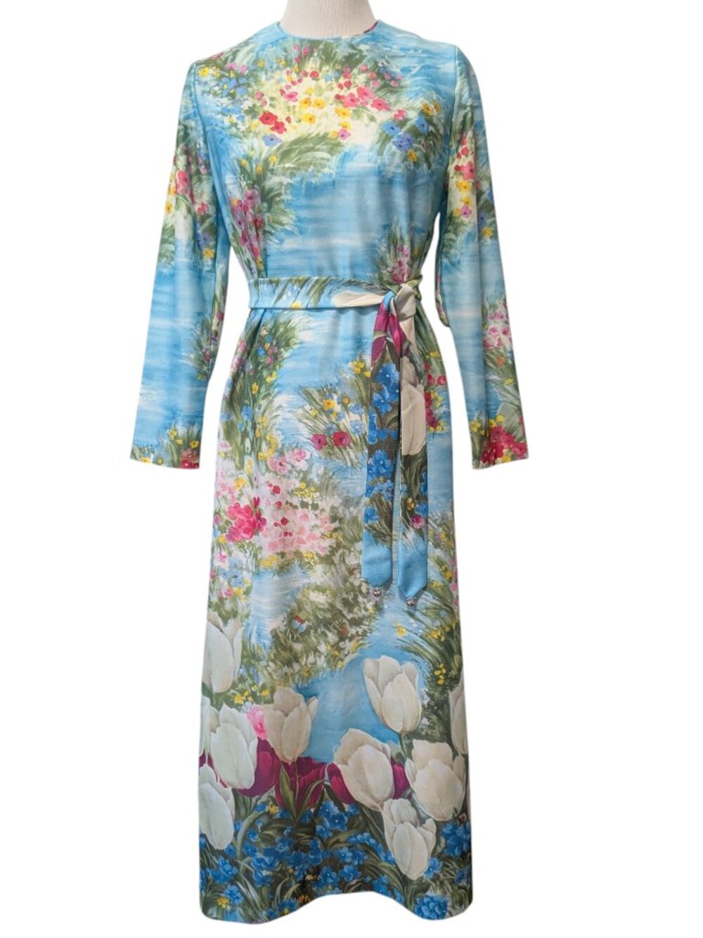 Vintage Lorac Originals Women Sz M? Watercolor Floral Tie Belt Maxi Sheath Dress